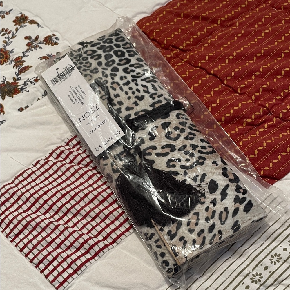 Chicos Leopard Print Perfect Jewelry Roll with Black Tassel for easy travel